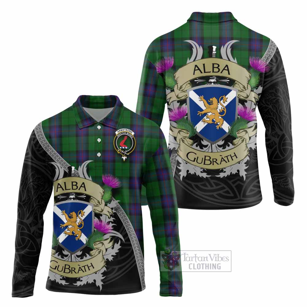 Tartan Vibes Clothing Armstrong Tartan Family Crest Long Sleeve Polo Shirt Lion Rampant Royal Thistle Shield Celtic Inspired