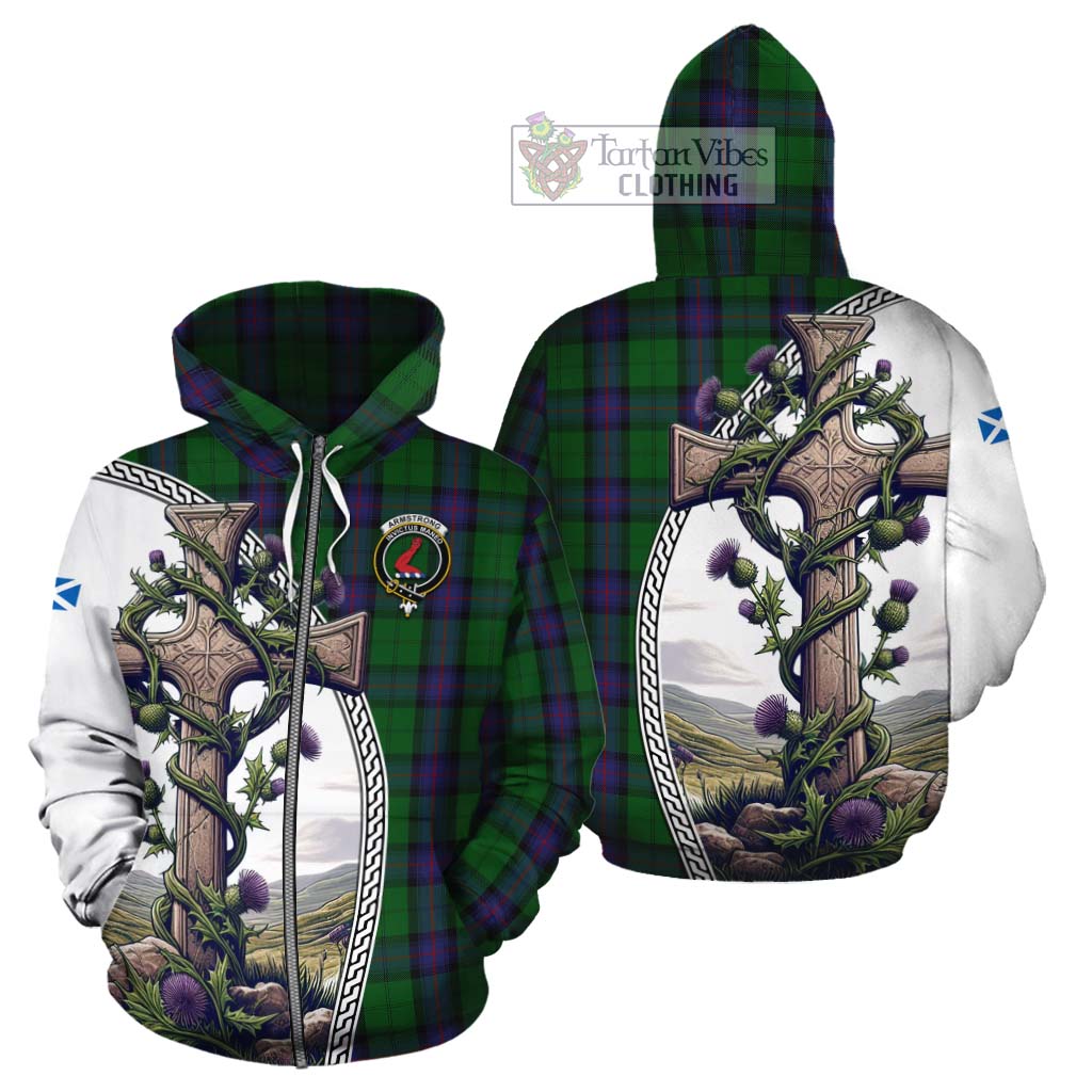 Tartan Vibes Clothing Armstrong Tartan Cotton Hoodie with Family Crest and St. Andrew's Cross Accented by Thistle Vines