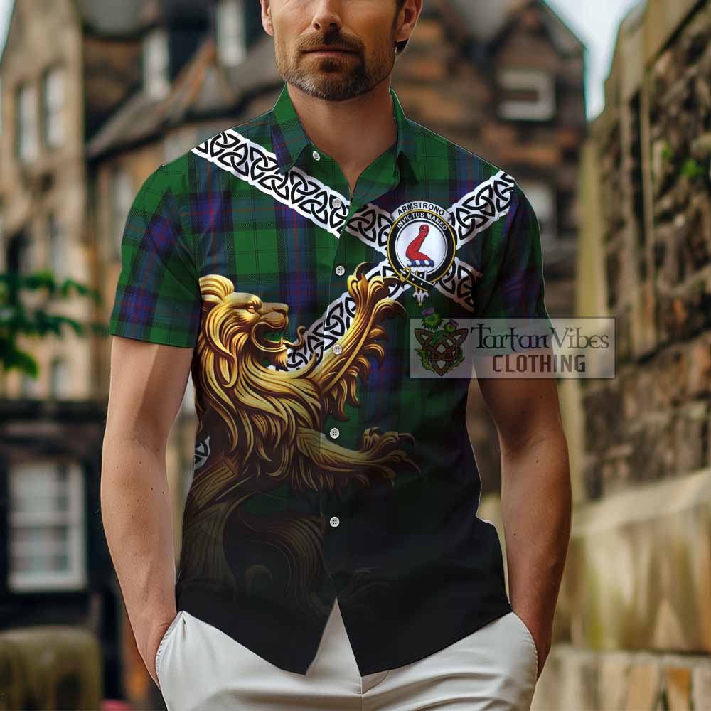 Tartan Vibes Clothing Armstrong Crest Tartan Short Sleeve Button Shirt with Golden Lion Emblem Celtic Style