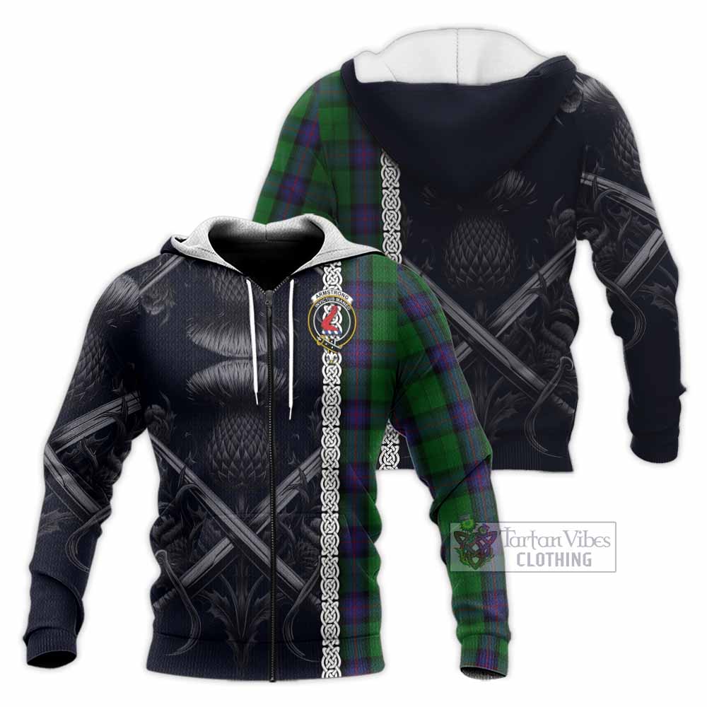 Tartan Vibes Clothing Armstrong Tartan Knitted Hoodie with Family Crest Cross Sword Thistle Celtic Vibes