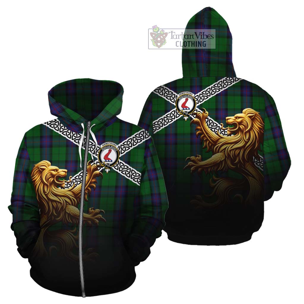 Tartan Vibes Clothing Armstrong Crest Tartan Cotton Hoodie with Golden Lion Emblem Celtic Style