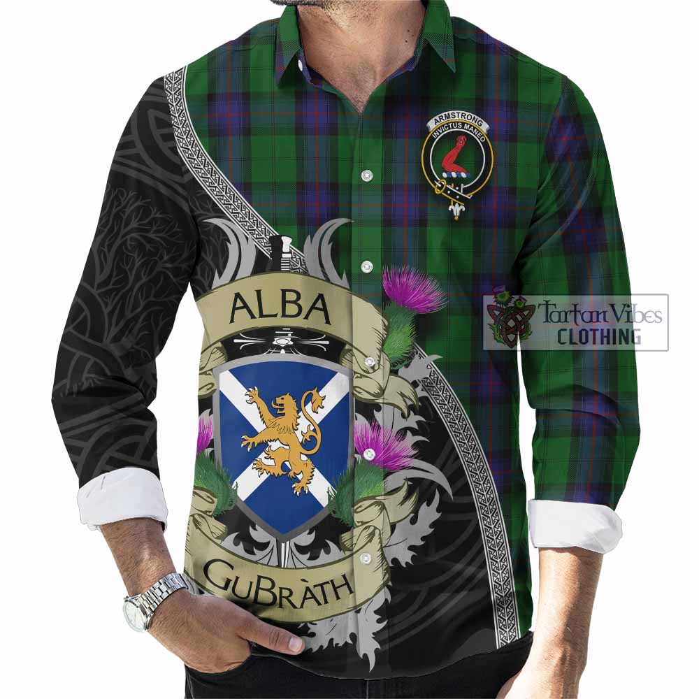 Tartan Vibes Clothing Armstrong Tartan Family Crest Long Sleeve Button Shirt Lion Rampant Royal Thistle Shield Celtic Inspired