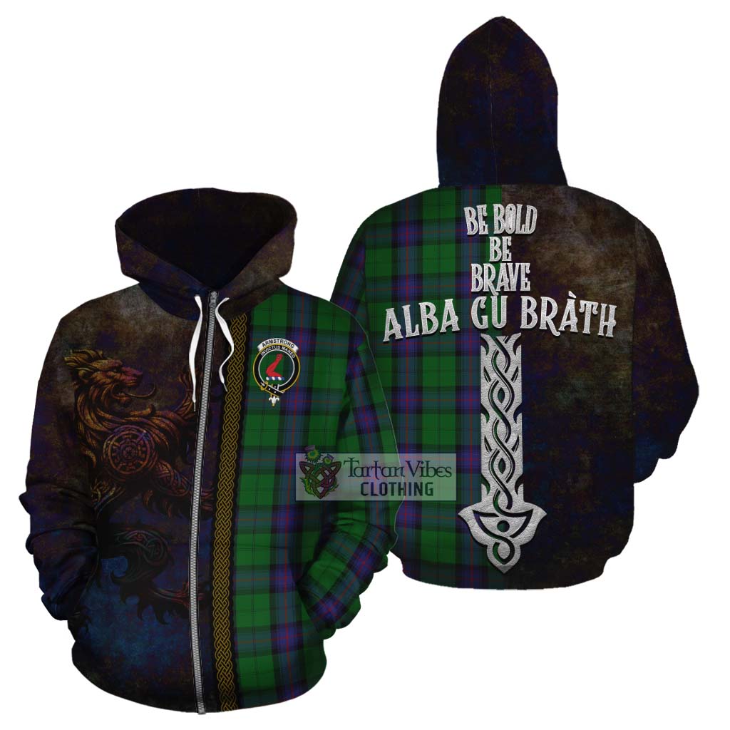 Tartan Vibes Clothing Armstrong Tartan Family Crest Cotton Hoodie Alba Gu Brath Be Brave Lion Ancient Style