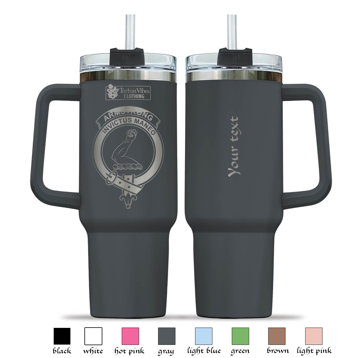 Tartan Vibes Clothing Armstrong Engraved Family Crest Tumbler with Handle