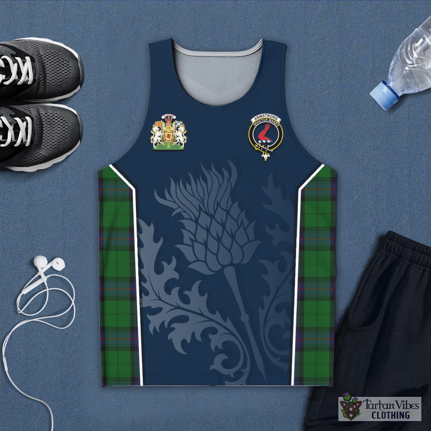 Tartan Vibes Clothing Armstrong Tartan Men's Tanks Top with Family Crest and Scottish Thistle Vibes Sport Style