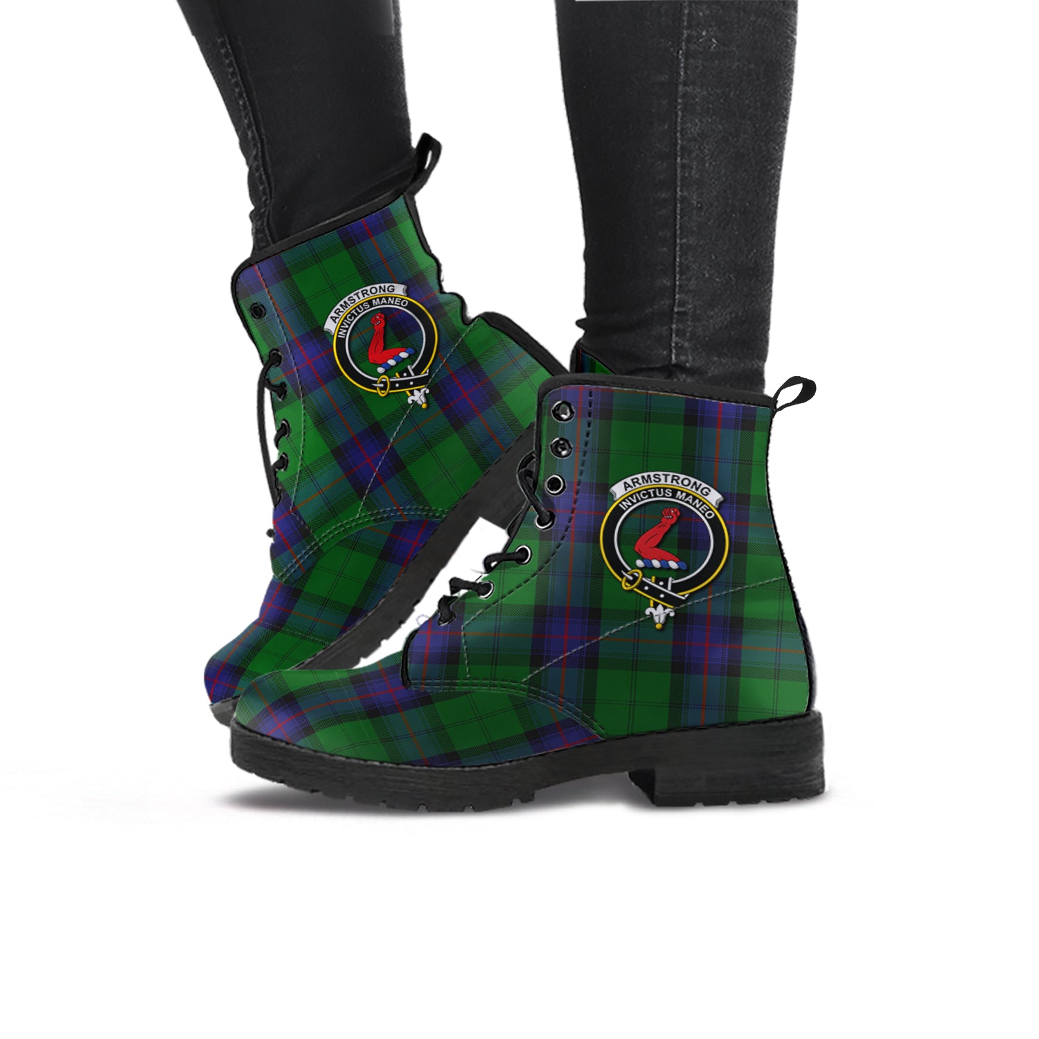 Armstrong Tartan Leather Boots with Family Crest - Tartanvibesclothing