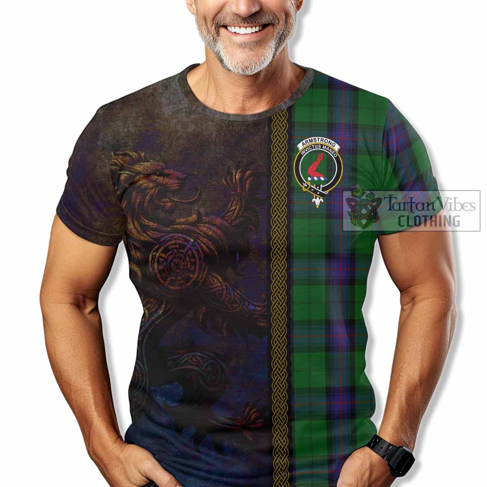 Tartan Vibes Clothing Armstrong Tartan Family Crest T-Shirt Alba Gu Brath Be Brave Lion Ancient Style