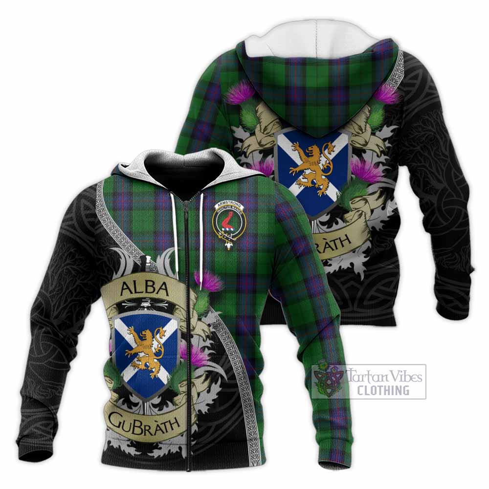 Tartan Vibes Clothing Armstrong Tartan Family Crest Knitted Hoodie Lion Rampant Royal Thistle Shield Celtic Inspired