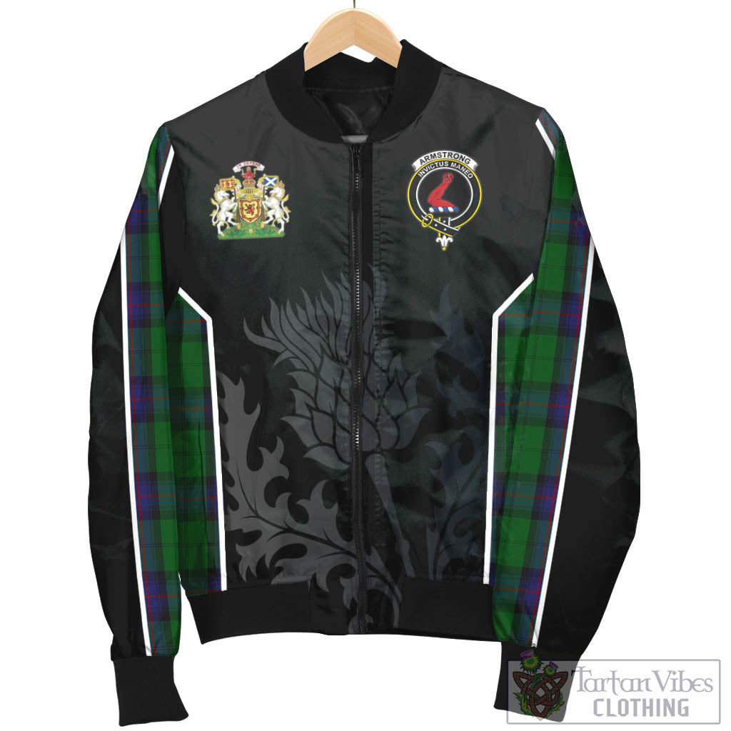 Tartan Vibes Clothing Armstrong Tartan Bomber Jacket with Family Crest and Scottish Thistle Vibes Sport Style