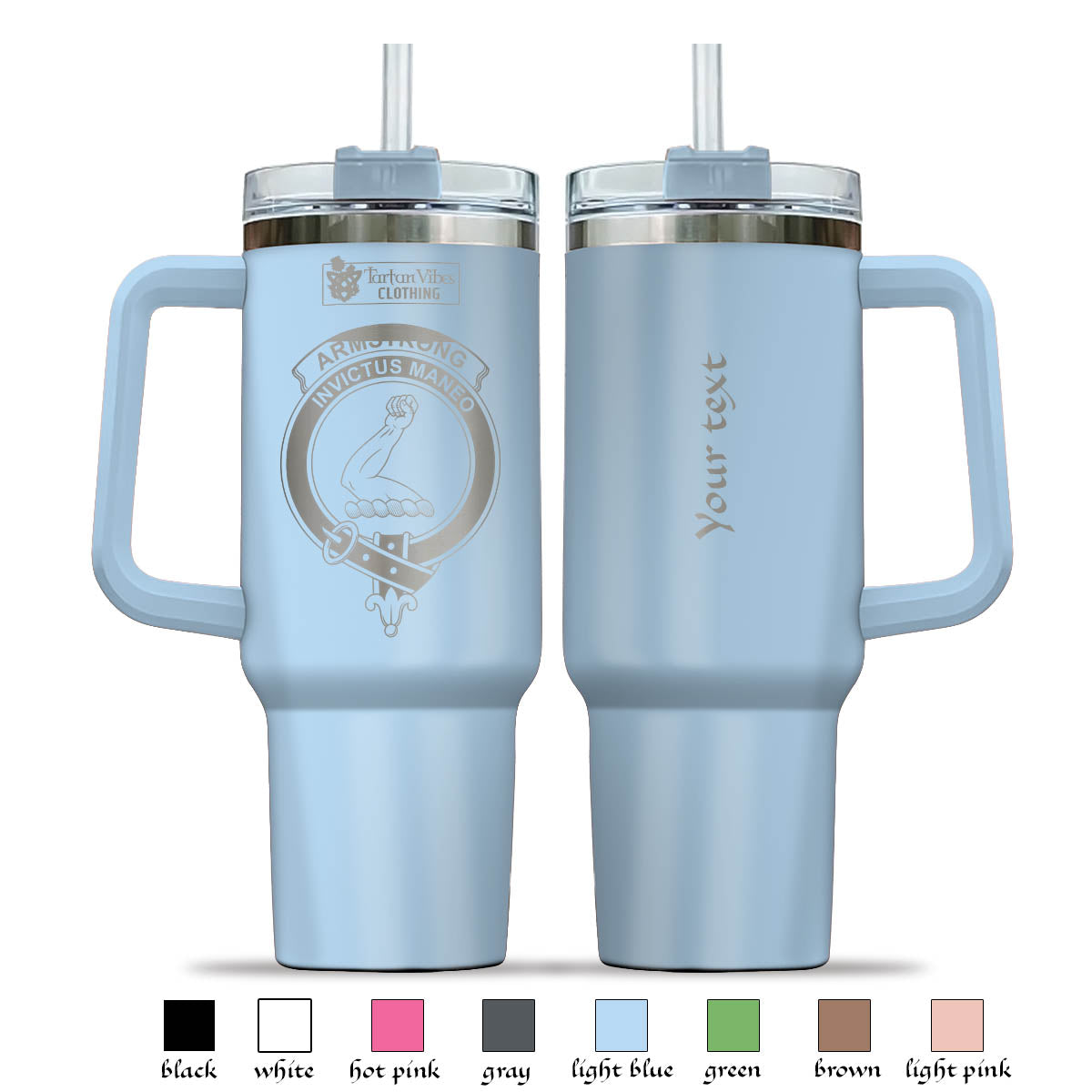 Tartan Vibes Clothing Armstrong Engraved Family Crest Tumbler with Handle