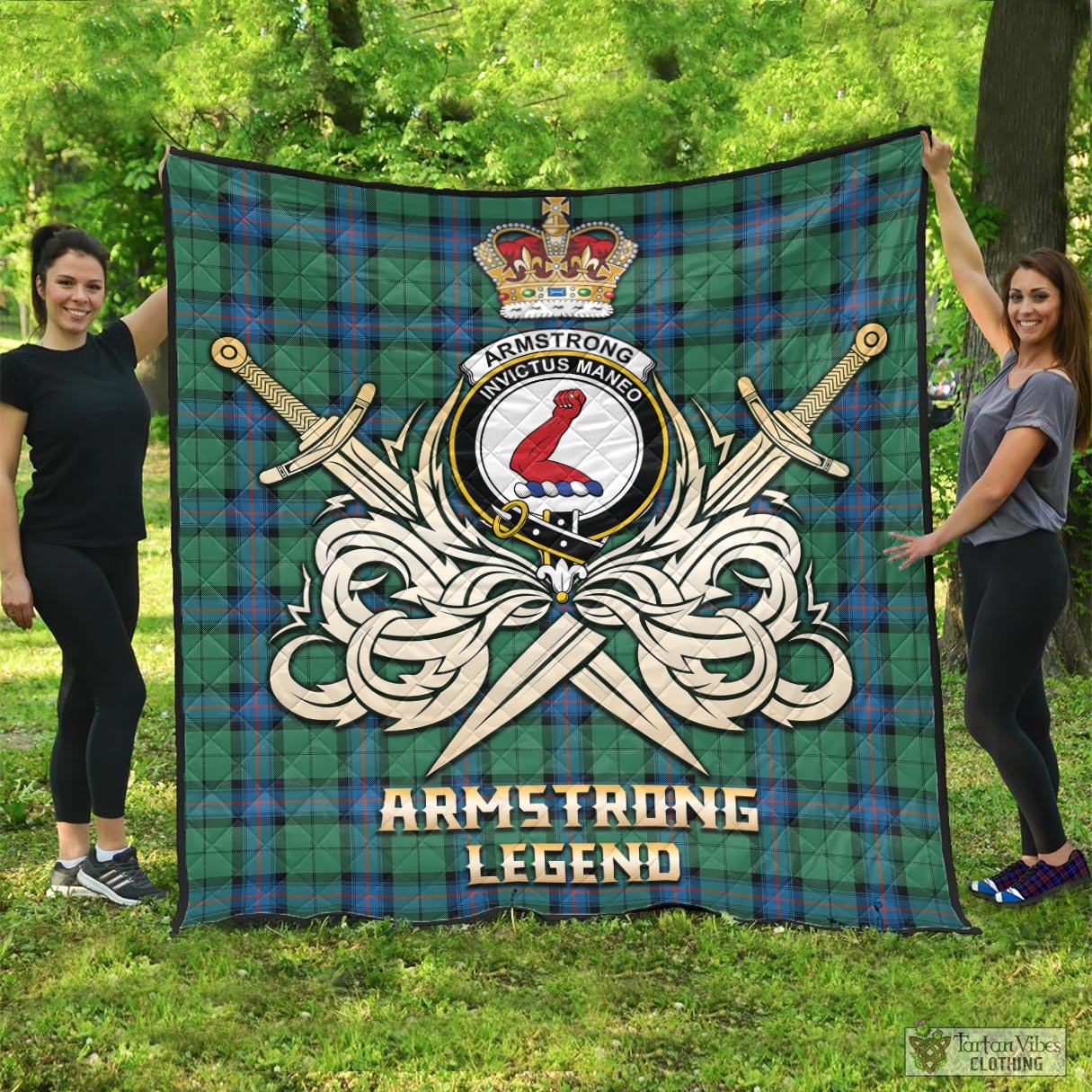 Tartan Vibes Clothing Armstrong Ancient Tartan Quilt with Clan Crest and the Golden Sword of Courageous Legacy