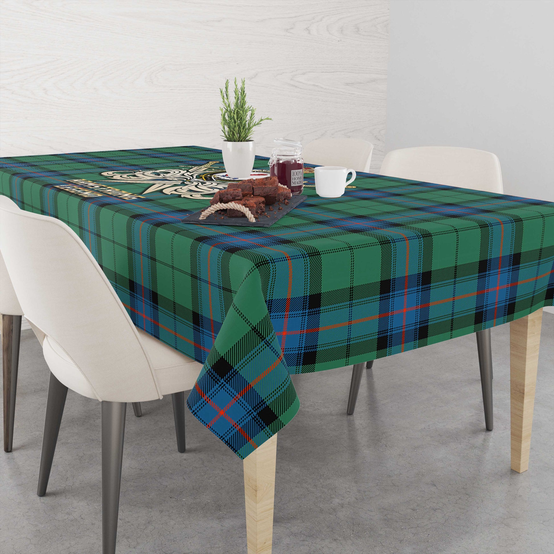 Tartan Vibes Clothing Armstrong Ancient Tartan Tablecloth with Clan Crest and the Golden Sword of Courageous Legacy