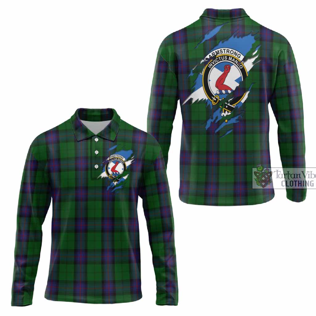 Armstrong Clan Crest In Me Tartan Long Sleeve Polo Shirt Scotland Flag Style