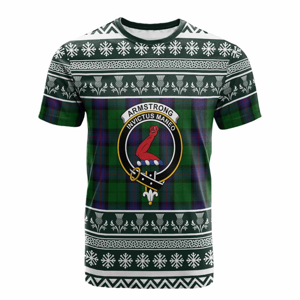 Armstrong Clan Tartan Christmas Cotton T-shirt with Family Crest - Tartan Vibes Clothing