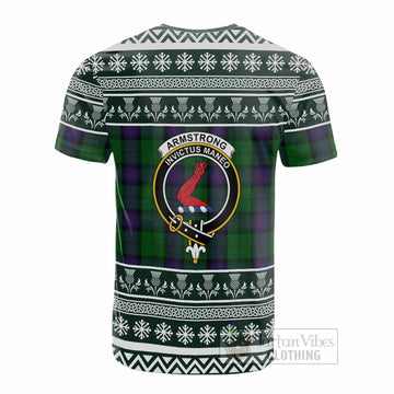 Armstrong Clan Tartan Christmas Cotton T-shirt with Family Crest - Tartan Vibes Clothing