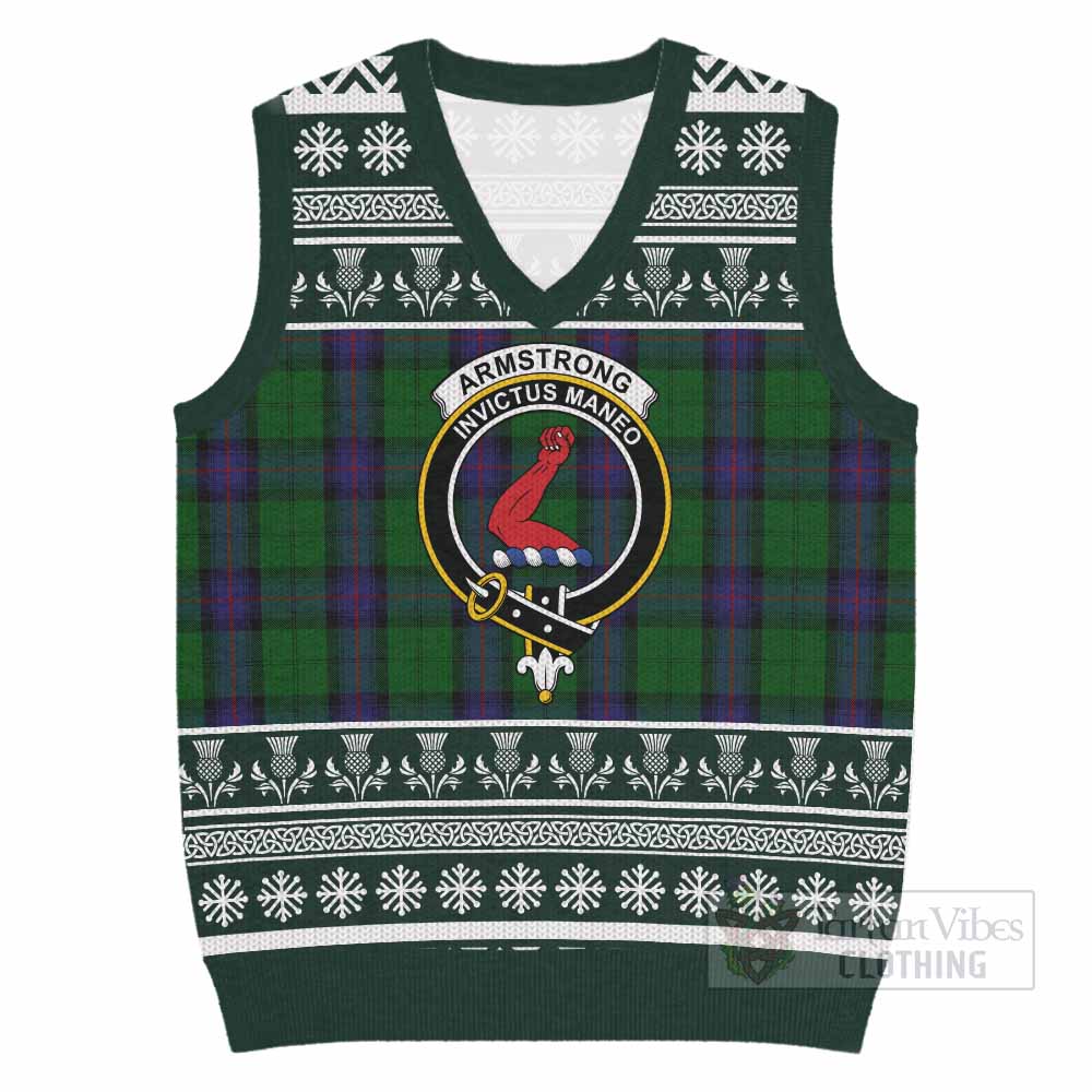 Armstrong Clan Tartan Christmas Knitted V-Neck Vest with Family Crest - Tartan Vibes Clothing