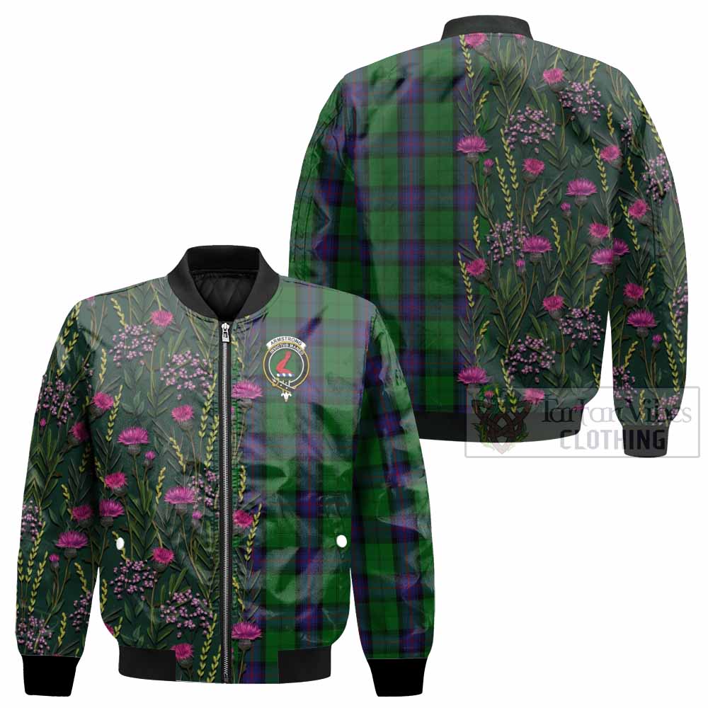 Armstrong Family Crest Tartan Bomber Jacket Scottish Thistle Flower Pattern Half Style - Tartan Vibes Clothing