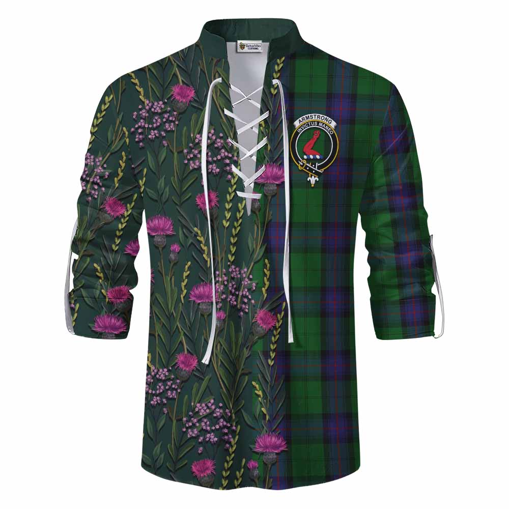 Armstrong Family Crest Tartan Ghillie Shirt Scottish Thistle Flower Pattern Half Style - Tartan Vibes Clothing