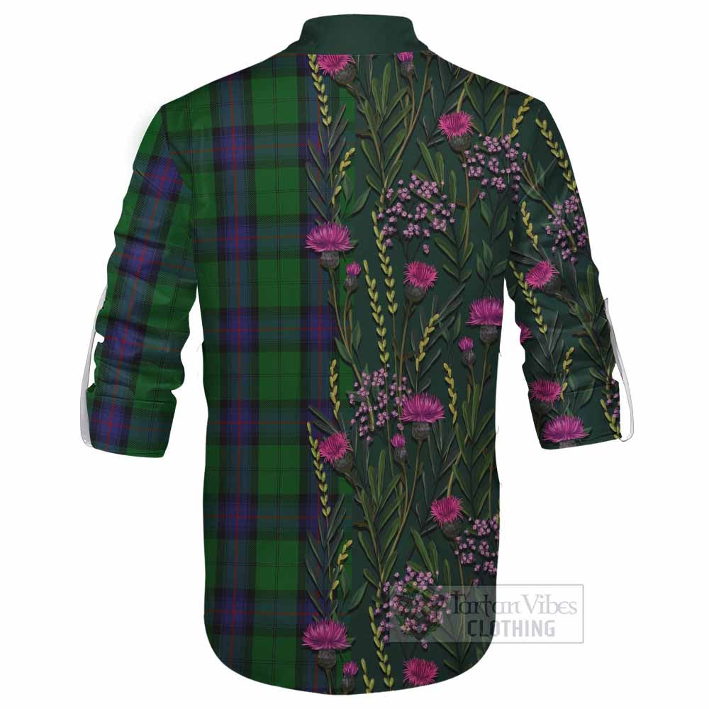 Armstrong Family Crest Tartan Ghillie Shirt Scottish Thistle Flower Pattern Half Style - Tartan Vibes Clothing
