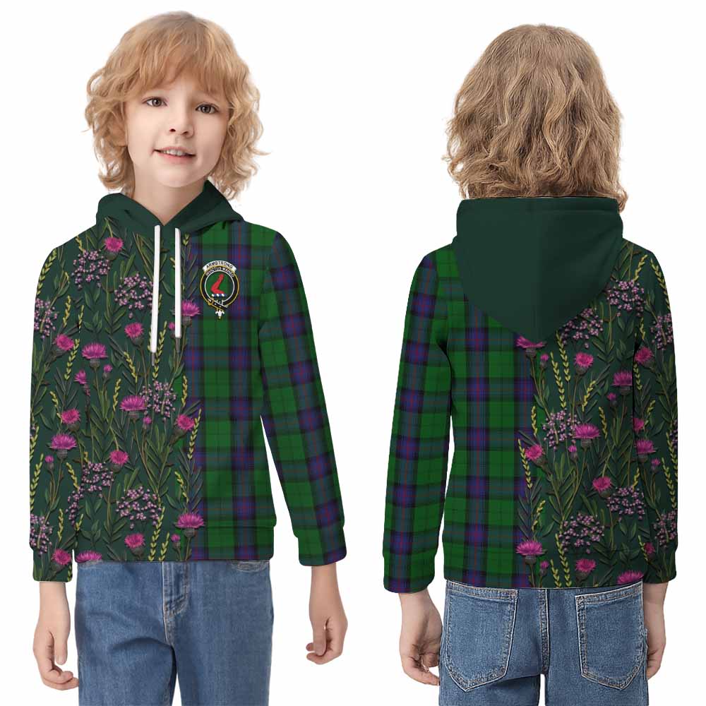 Armstrong Family Crest Tartan Kid Hoodie Scottish Thistle Flower Pattern Half Style - Tartan Vibes Clothing