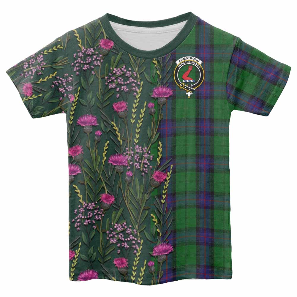 Armstrong Family Crest Tartan Kid T-shirt Scottish Thistle Flower Pattern Half Style - Tartan Vibes Clothing