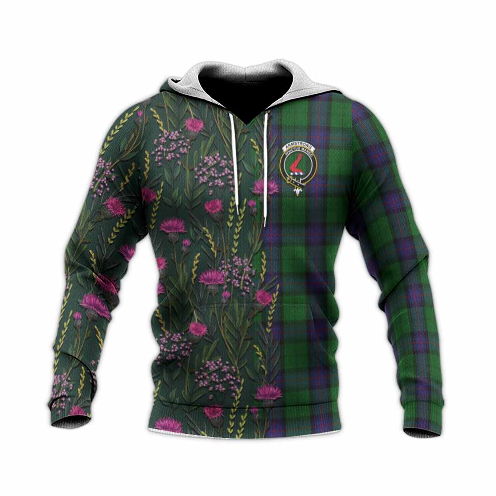 Armstrong Family Crest Tartan Knitted Hoodie Scottish Thistle Flower Pattern Half Style - Tartan Vibes Clothing