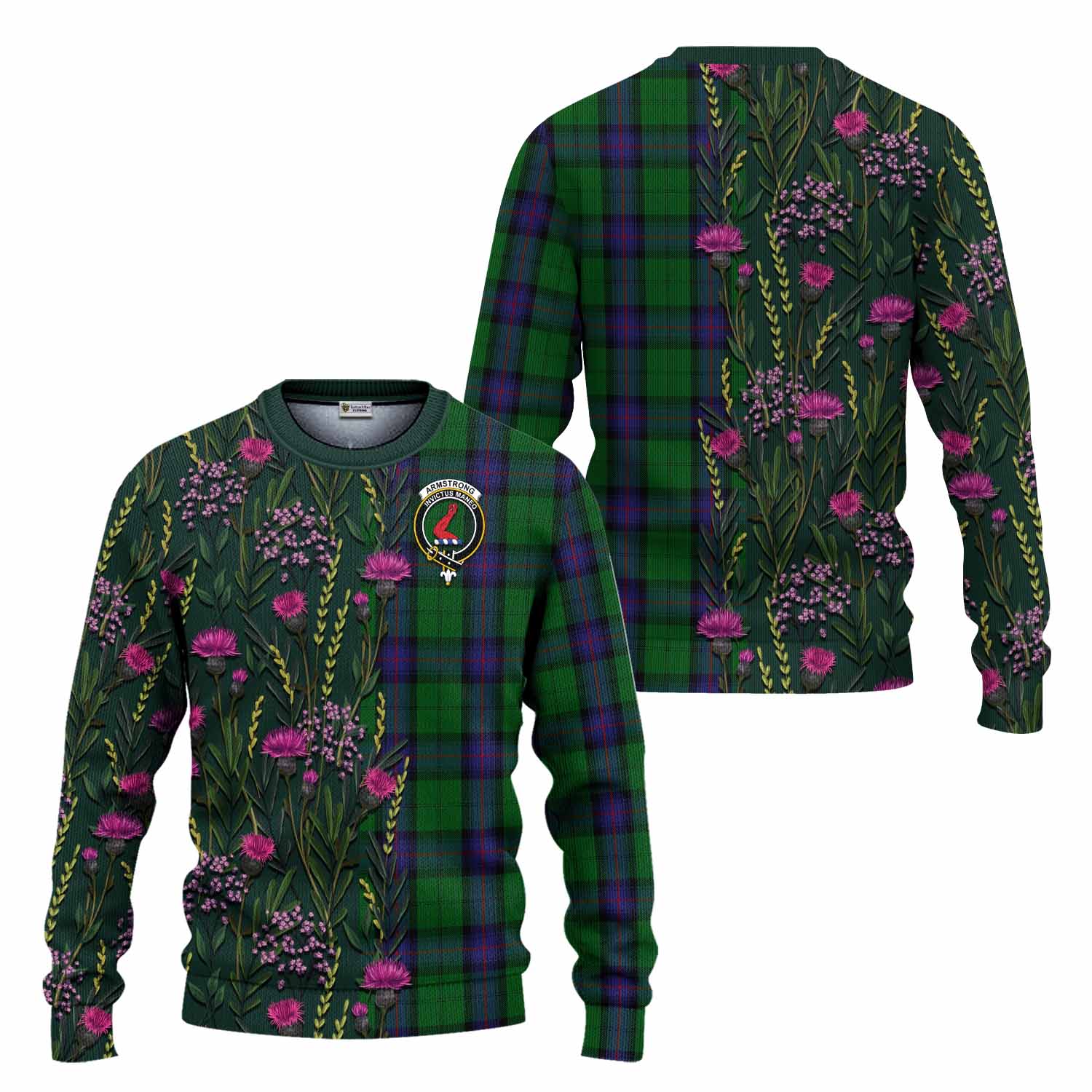 Armstrong Family Crest Tartan Knitted Sweater Scottish Thistle Flower Pattern Half Style - Tartan Vibes Clothing