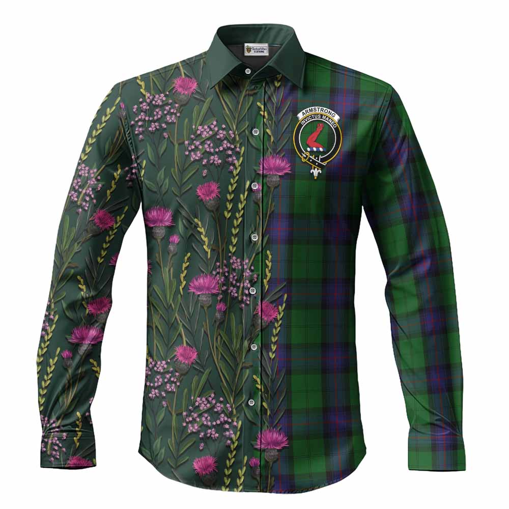 Armstrong Family Crest Tartan Long Sleeve Button Shirts Scottish Thistle Flower Pattern Half Style - Tartan Vibes Clothing