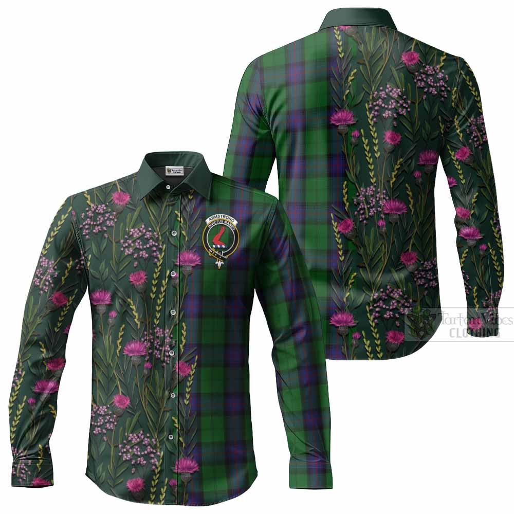 Armstrong Family Crest Tartan Long Sleeve Button Shirts Scottish Thistle Flower Pattern Half Style - Tartan Vibes Clothing