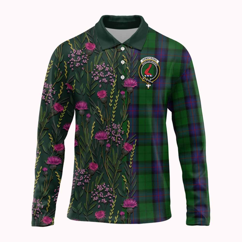 Armstrong Family Crest Tartan Long Sleeve Polo Shirt Scottish Thistle Flower Pattern Half Style - Tartan Vibes Clothing