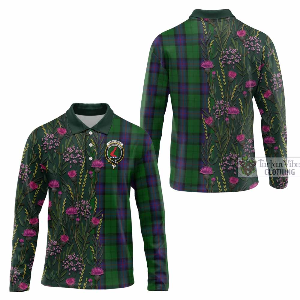 Armstrong Family Crest Tartan Long Sleeve Polo Shirt Scottish Thistle Flower Pattern Half Style - Tartan Vibes Clothing