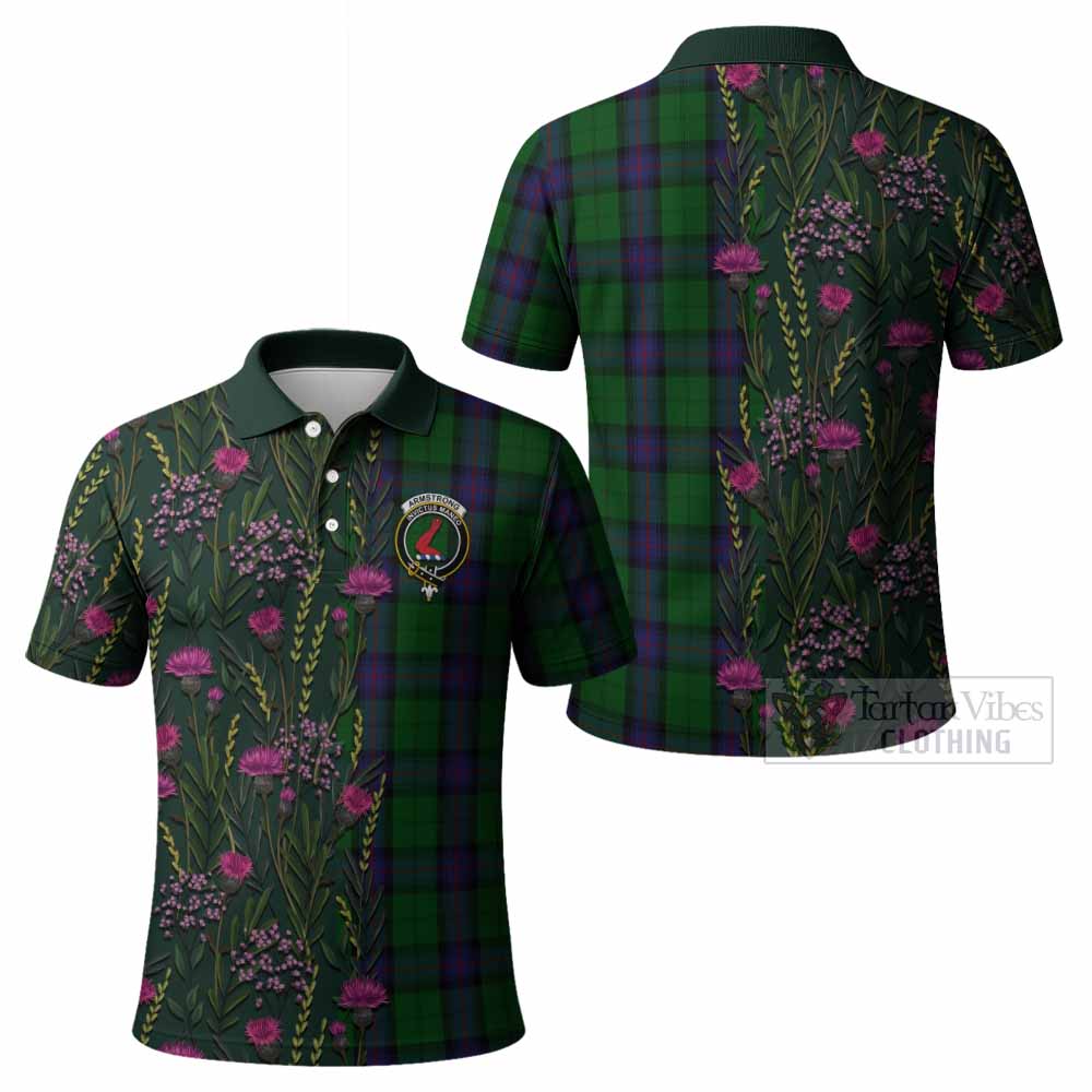 Armstrong Family Crest Tartan Polo Shirt Scottish Thistle Flower Pattern Half Style - Tartan Vibes Clothing