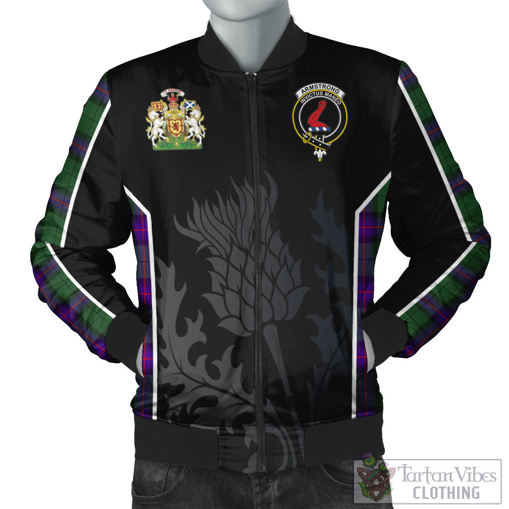 Tartan Vibes Clothing Armstrong Modern Tartan Bomber Jacket with Family Crest and Scottish Thistle Vibes Sport Style