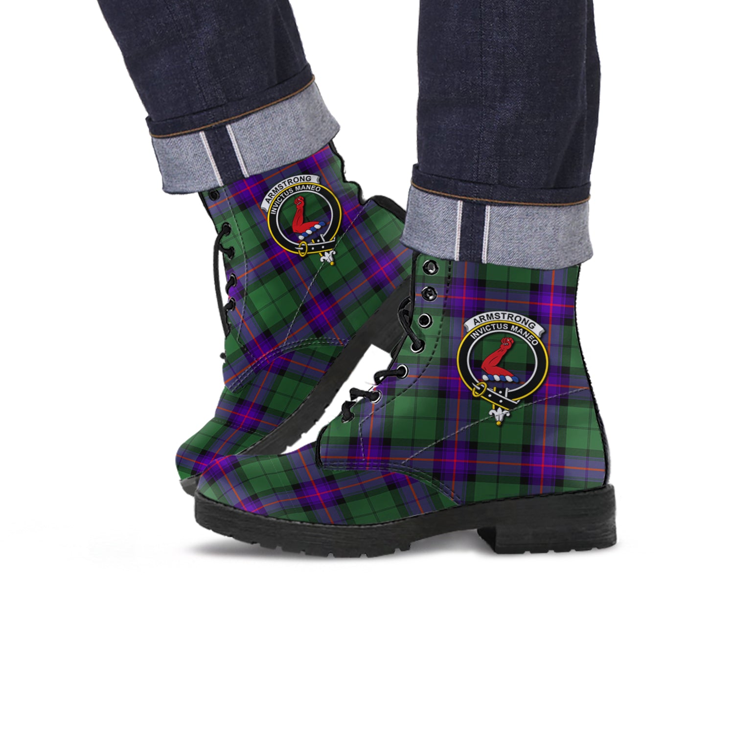Armstrong Modern Tartan Leather Boots with Family Crest - Tartanvibesclothing