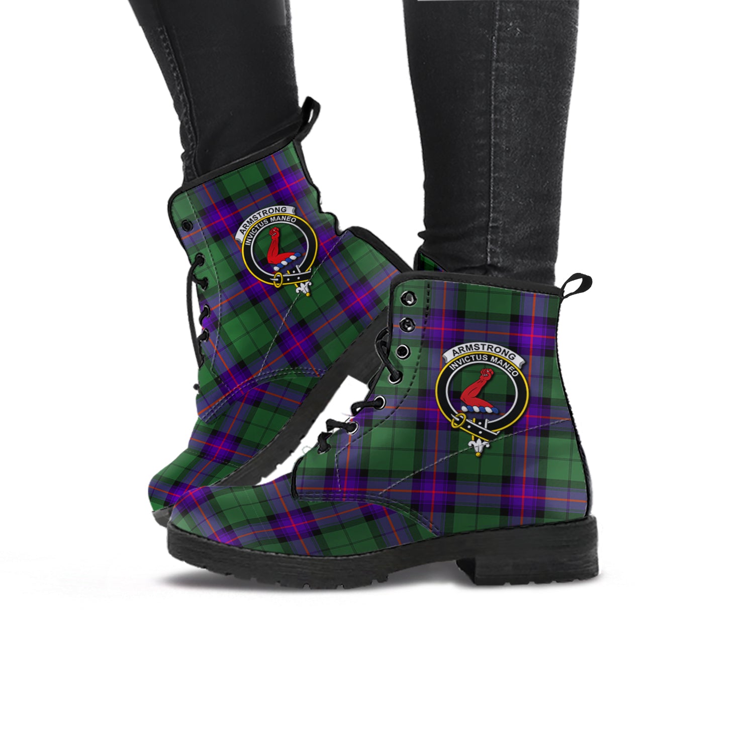 Armstrong Modern Tartan Leather Boots with Family Crest - Tartanvibesclothing