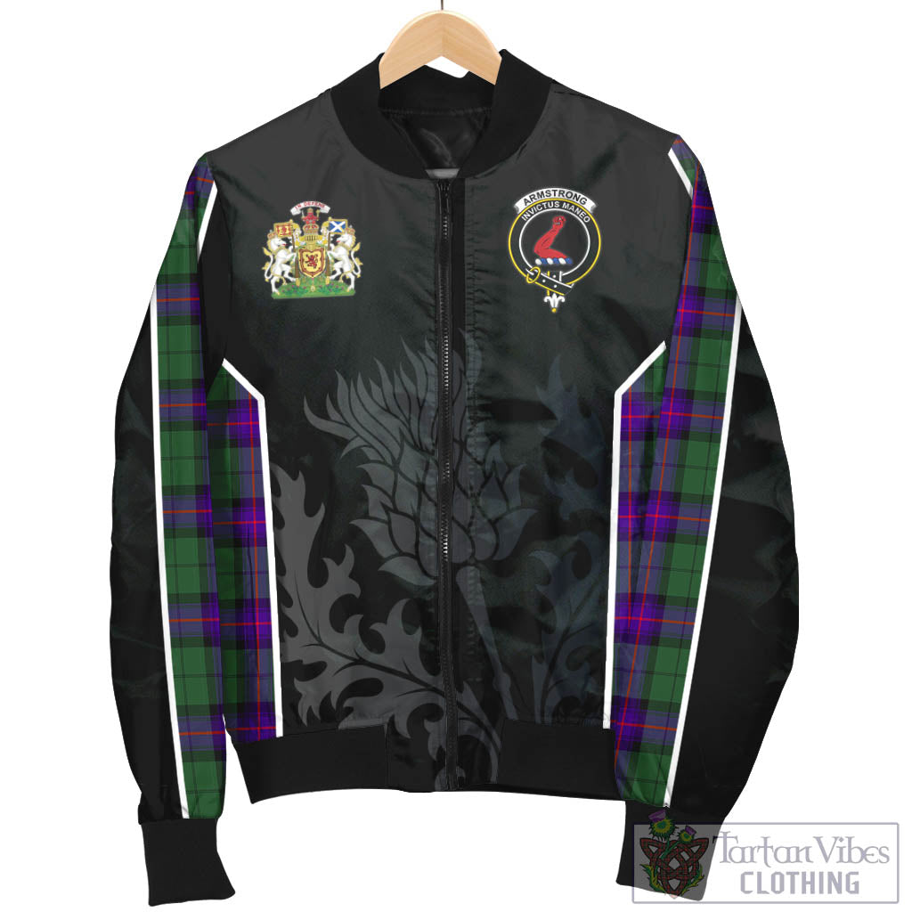 Tartan Vibes Clothing Armstrong Modern Tartan Bomber Jacket with Family Crest and Scottish Thistle Vibes Sport Style