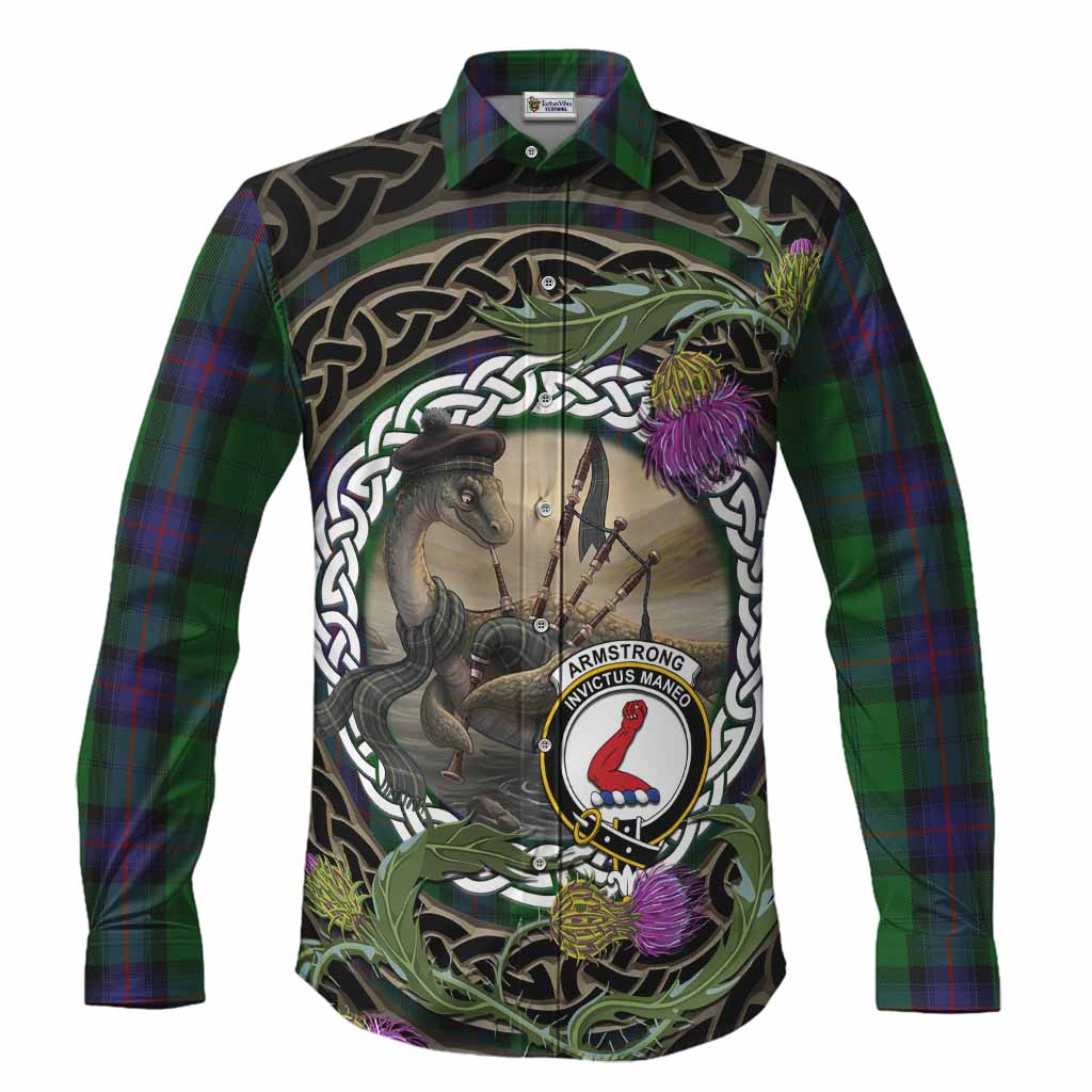 Armstrong Tartan Crest Bagpipe Nessie Long Sleeve Button Shirts Scottish Loch Ness Monster Celtic Thistle