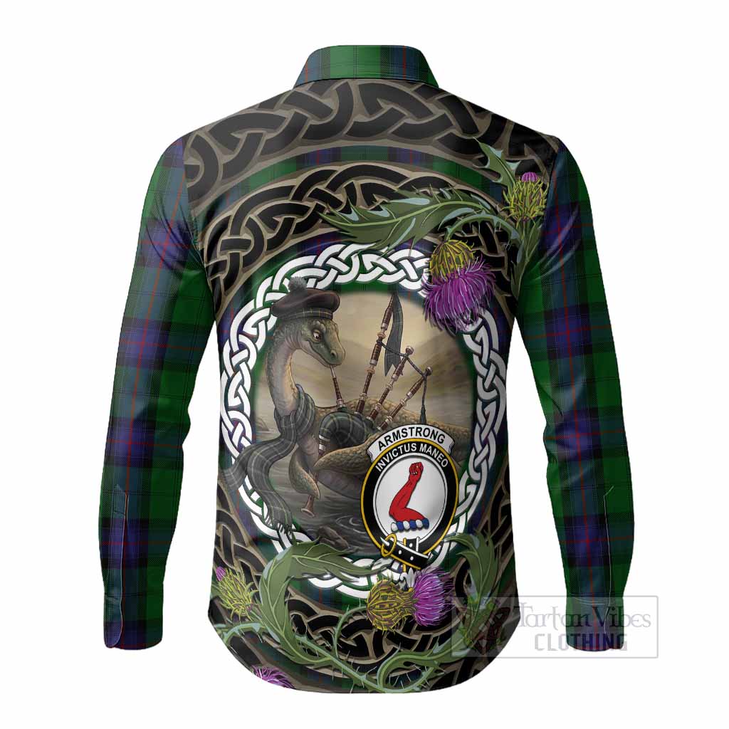 Armstrong Tartan Crest Bagpipe Nessie Long Sleeve Button Shirts Scottish Loch Ness Monster Celtic Thistle
