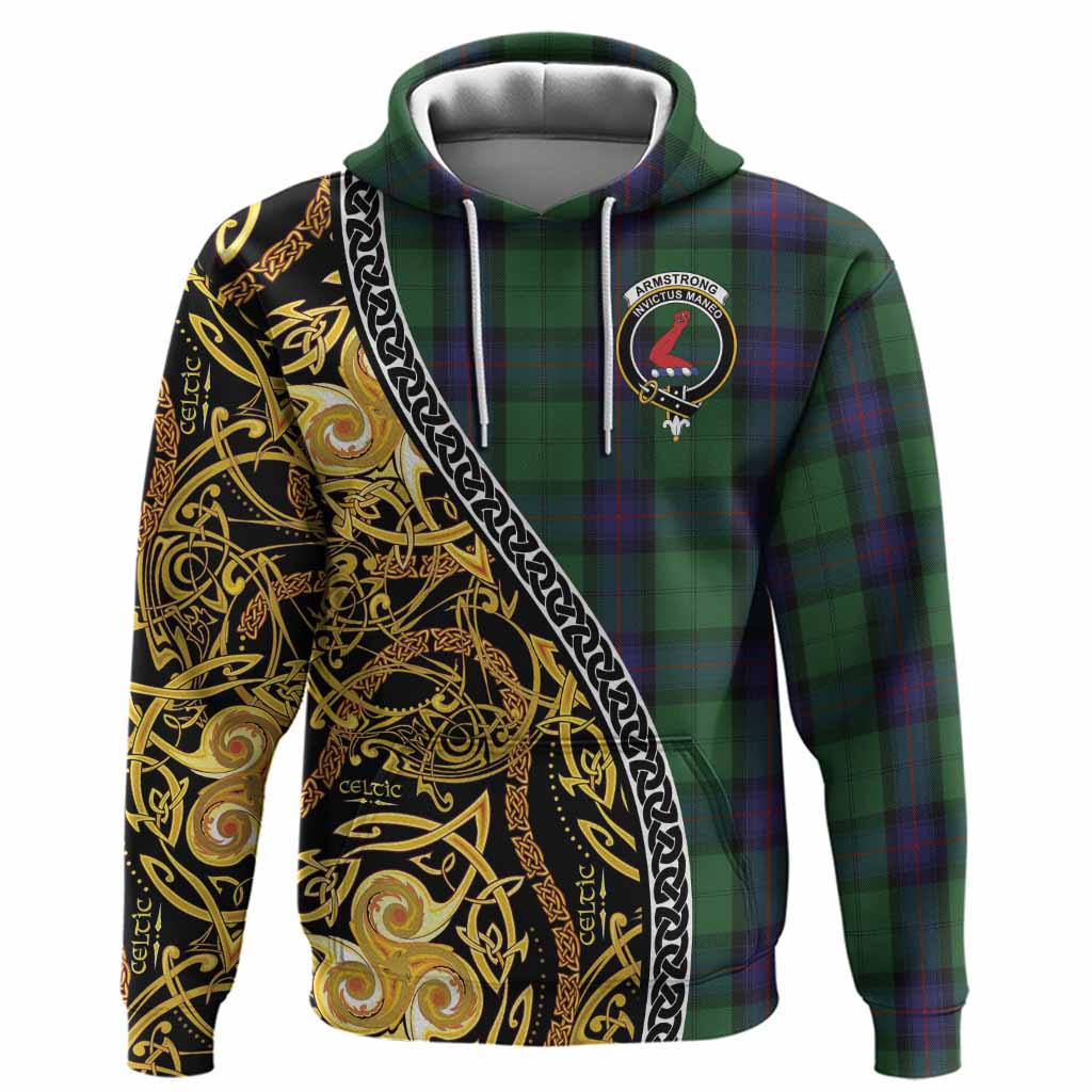 Armstrong Tartan Crest Hoodie Celtic Knot and Triple Trickle Spiral Symbols