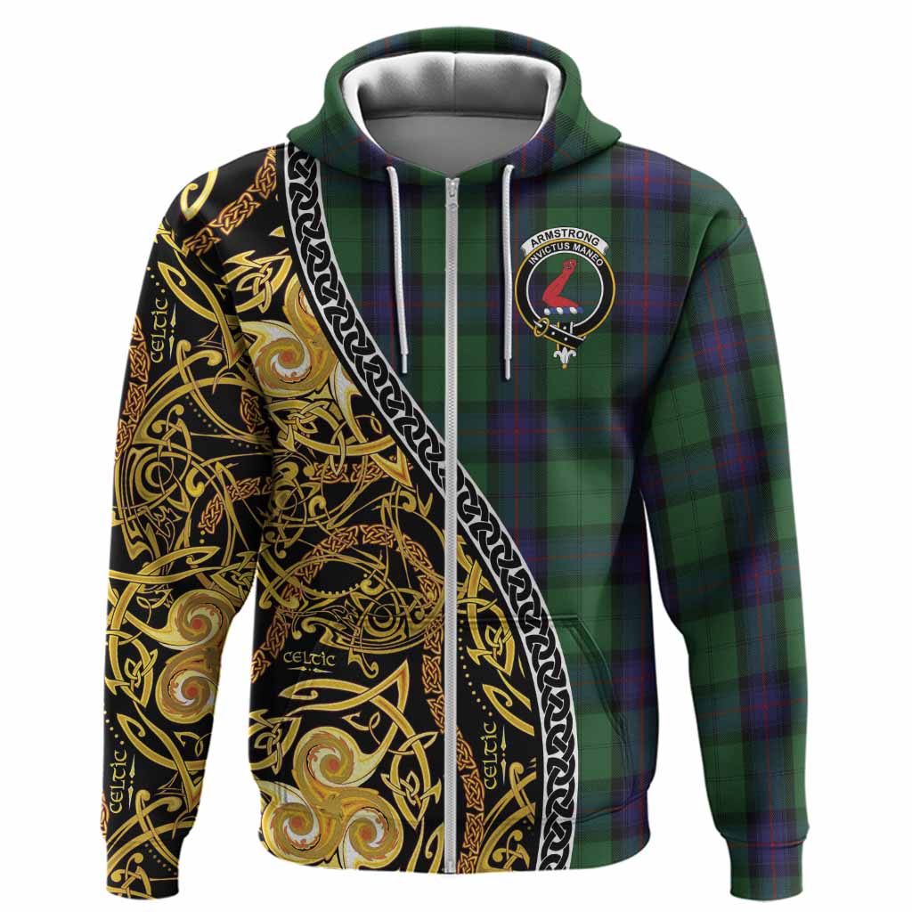 Armstrong Tartan Crest Hoodie Celtic Knot and Triple Trickle Spiral Symbols