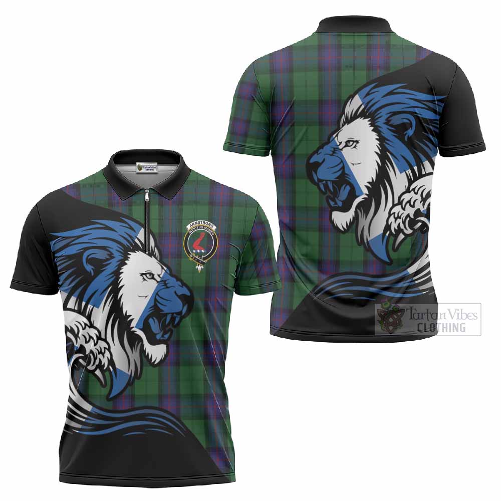 Armstrong Tartan Crest Zipper Polo Shirt Scottish Golden Lions Wave Flow