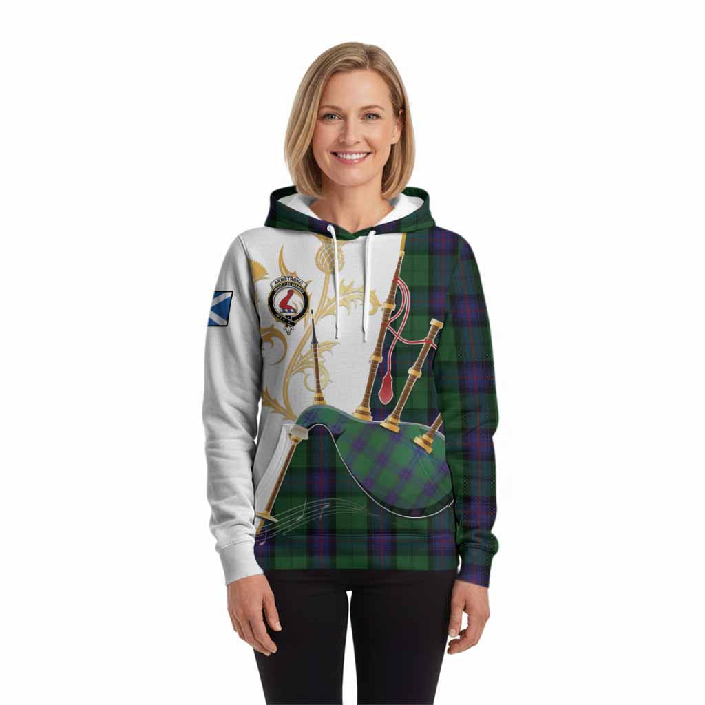 Armstrong Tartan Family Crest Hoodie Bagpipes with Scottish Thistle