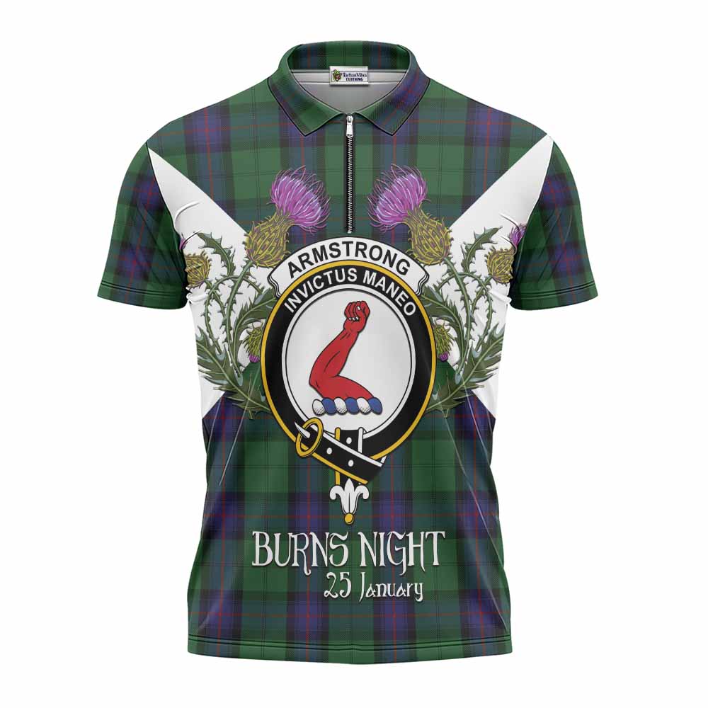 Armstrong Tartan Family Crest Zipper Polo Shirt Scottish Burns Night Thistle Floral