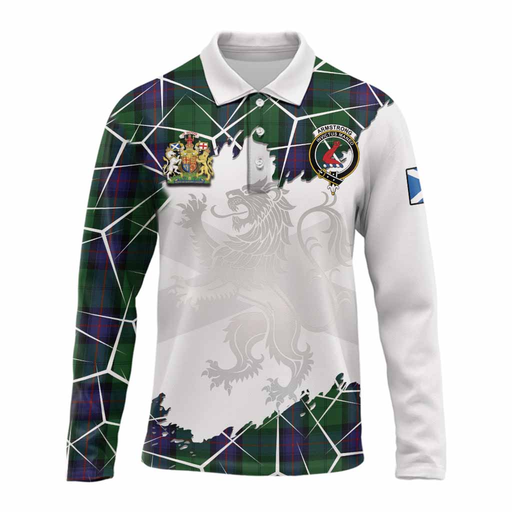 Armstrong Tartan Long Sleeve Polo Shirt with Family Crest and Lion Rampant Grunge Style