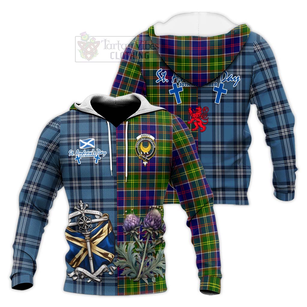 Arnott Tartan Knitted Hoodie Happy St. Andrew's Day Half Tartan Style Unisex Knitted Pullover Hoodie - Tartan Vibes Clothing