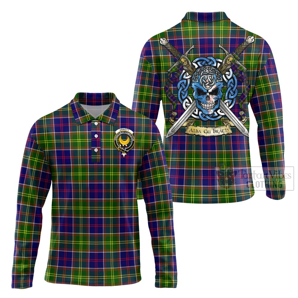 Arnott Tartan Long Sleeve Polo Shirt with Family Crest Celtic Skull Style Unisex - Tartan Vibes Clothing