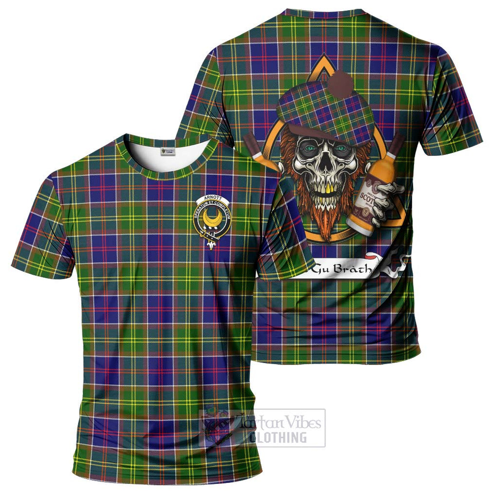 Tartan Vibes Clothing Arnott Tartan T-Shirt with Family Crest and Bearded Skull Holding Bottles of Whiskey
