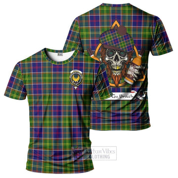 Tartan Vibes Clothing Arnott Tartan T-Shirt with Family Crest and Bearded Skull Holding Bottles of Whiskey