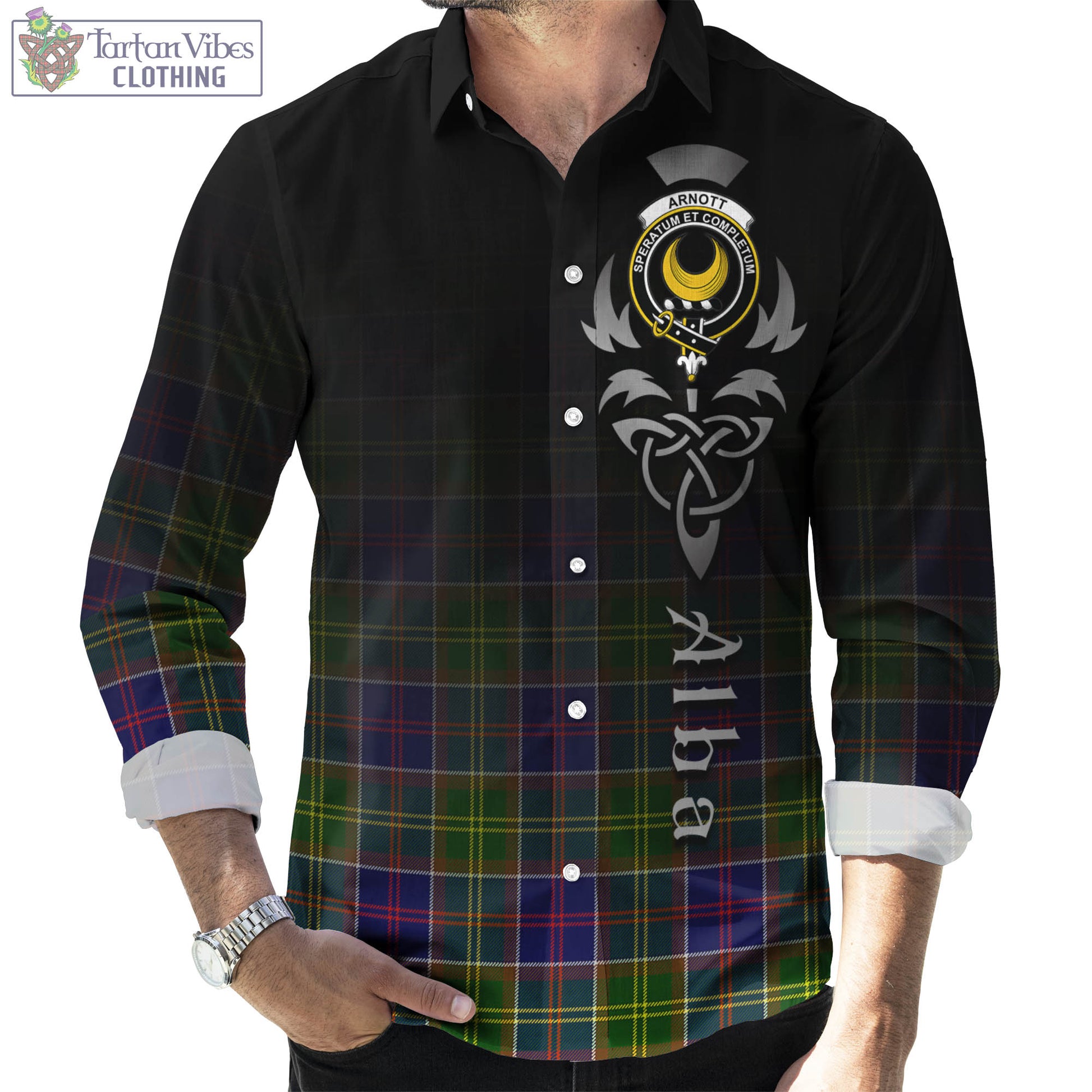 Tartan Vibes Clothing Arnott Tartan Long Sleeve Button Up Featuring Alba Gu Brath Family Crest Celtic Inspired