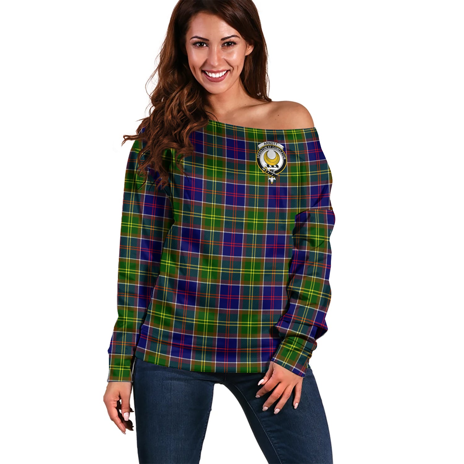 Arnott Tartan Off Shoulder Women Sweater with Family Crest Women - Tartan Vibes Clothing